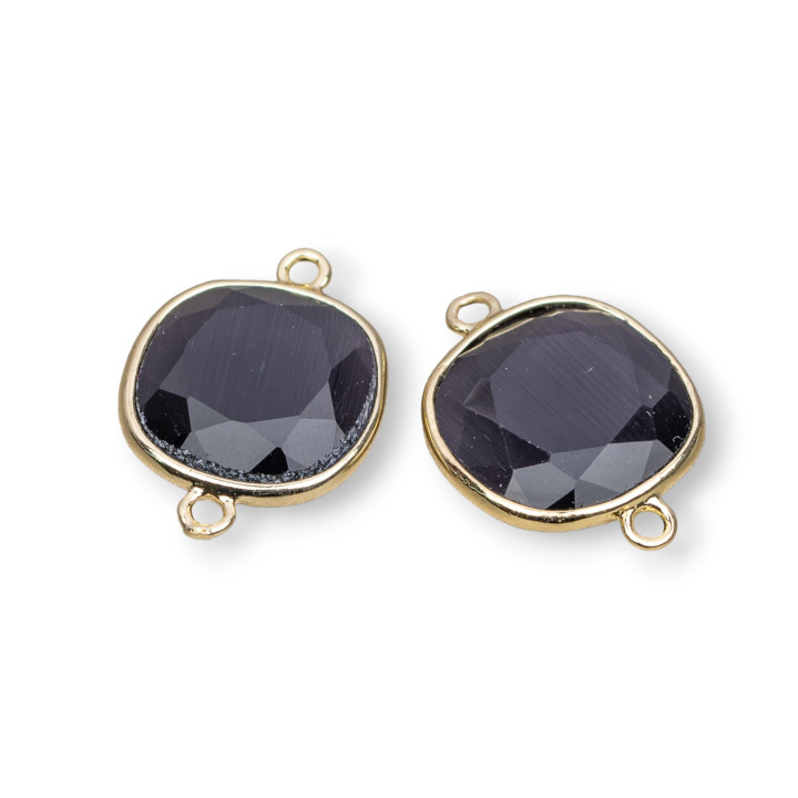 Conector de componente de latón de ojo de gato facetado cuadrado de 16 mm con 2 anillos 10 piezas negro
