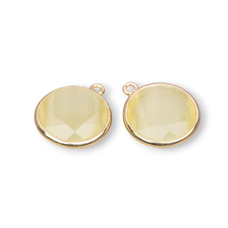 Connecteur Pendentif Laiton Oeil de Chat Rond Facette 16mm Avec 1 Anneau Jaune 10pcs