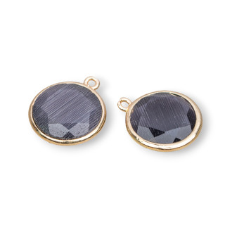 Brass Pendant Connector with Cat's Eye Faceted Round 16mm with 1 Ring 10pcs Dark Gray