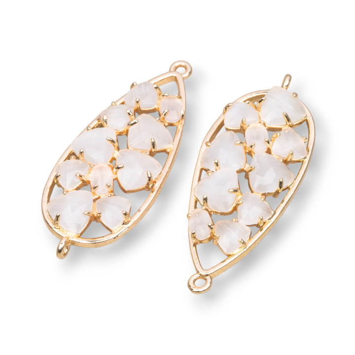 Ορειχάλκινος σύνδεσμος εξαρτημάτων Teardrop with Cat's Eye Embedded 16x38mm 4τμχ Χρυσό Λευκό