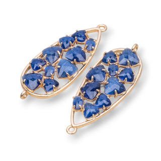 Connettore Componente Di Ottone a Goccia Con Occhio Di Gatto Incastonato 16x38mm 4pz Dorato Blu Zaffiro