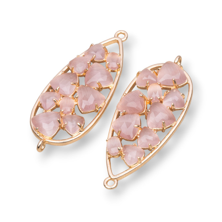 Connettore Componente Di Ottone a Goccia Con Occhio Di Gatto Incastonato 16x38mm 4pz Dorato Cipria