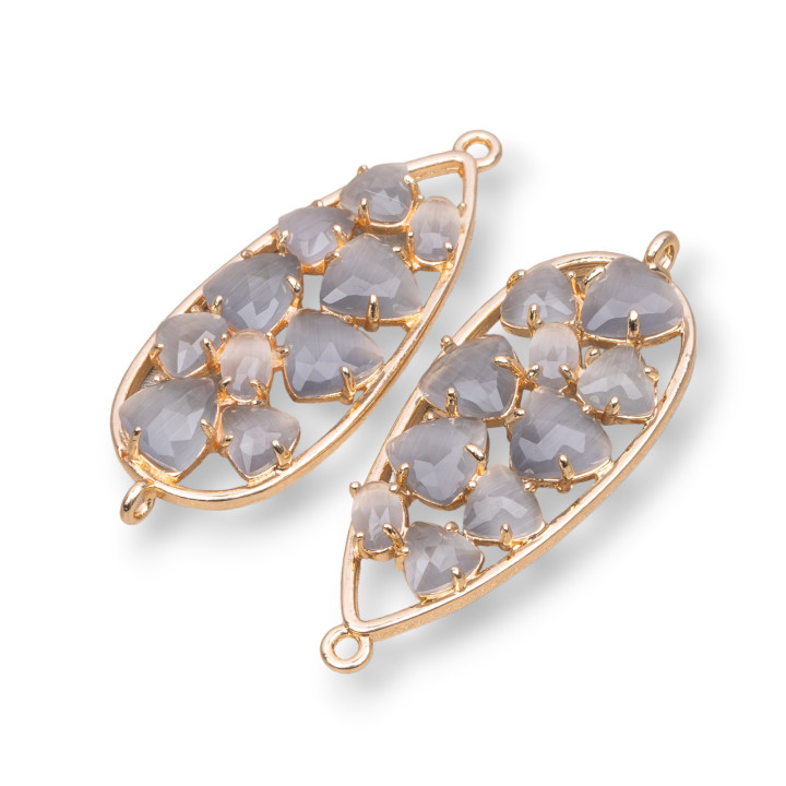 Μπρούτζινος σύνδεσμος εξαρτημάτων Teardrop with Embedded Cat's Eye 16x38mm 4τμχ Χρυσό Γκρι