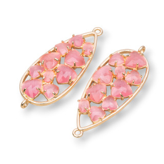 Connettore Componente Di Ottone a Goccia Con Occhio Di Gatto Incastonato 16x38mm 4pz Dorato Rosa Intenso