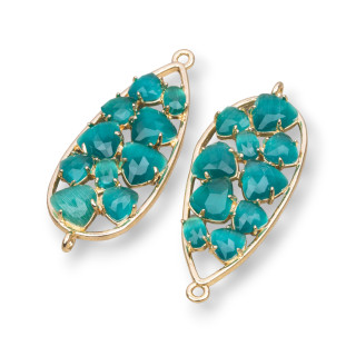 Teardrop Brass Component Connector with Cat's Eye Embedded 16x38mm 4pcs Golden Emerald Green