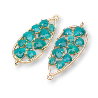 Ορειχάλκινος σύνδεσμος εξαρτημάτων Teardrop with Embedded Cat's Eye 16x38mm 4τμχ Χρυσοπράσινο Διαφανές