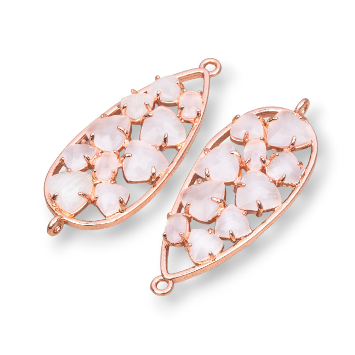 Teardrop Brass Component Connector With Cat's Eye Set 16x38mm 4τμχ Rose Gold White