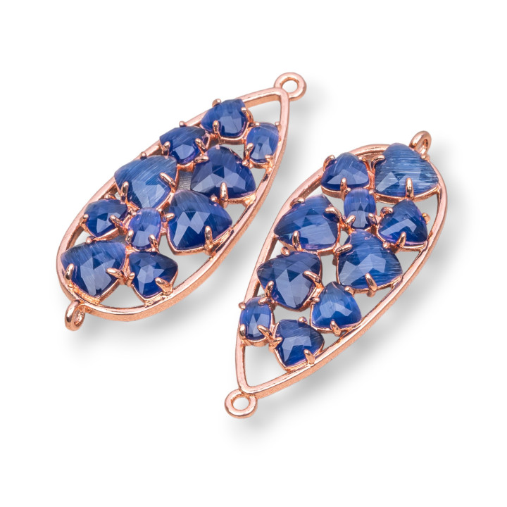 Teardrop Brass Component Connector With Cat's Eye Set 16x38mm 4τμχ Rose Gold Blue Sapphire