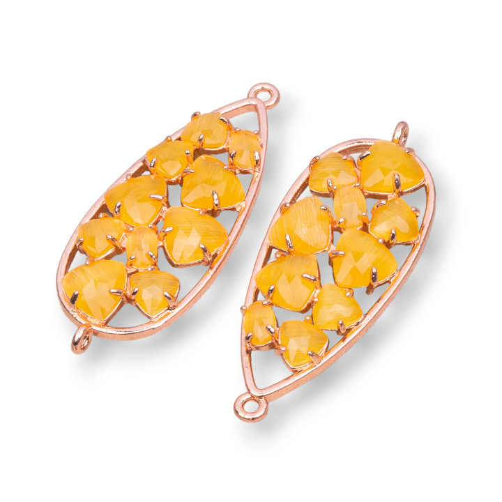 Teardrop Brass Component Connector With Cat's Eye Set 16x38mm 4τμχ Rose Gold Yellow