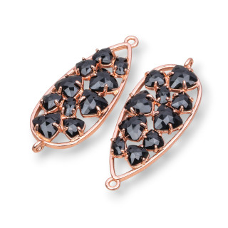 Tropfenförmiger Messing-Komponentenverbinder mit eingebettetem Katzenauge 16 x 38 mm, 4 Stück, Roségold, Schwarz