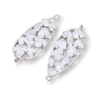 Connettore Componente Di Ottone a Goccia Con Occhio Di Gatto Incastonato 16x38mm 4pz Rodiato Bianco