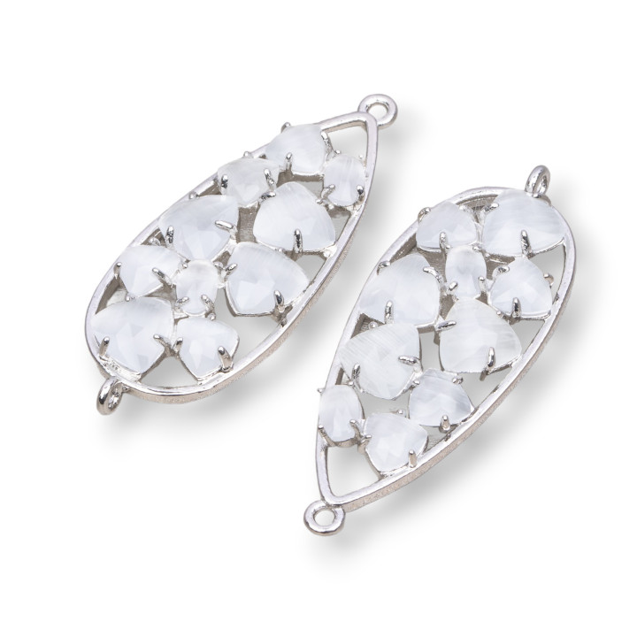 Connettore Componente Di Ottone a Goccia Con Occhio Di Gatto Incastonato 16x38mm 4pz Rodiato Bianco