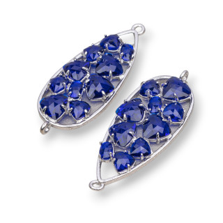 Connettore Componente Di Ottone a Goccia Con Occhio Di Gatto Incastonato 16x38mm 4pz Rodiato Blu Trasparente