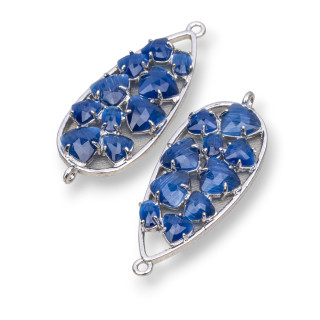 Connecteur de composant en laiton en forme de larme avec œil de chat intégré 16x38mm 4pcs bleu saphir rhodié