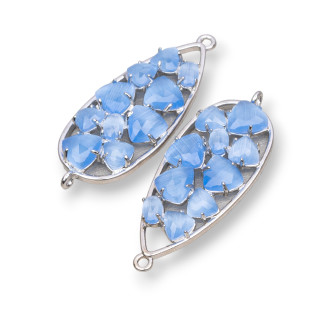 Connettore Componente Di Ottone a Goccia Con Occhio Di Gatto Incastonato 16x38mm 4pz Rodiato Celeste