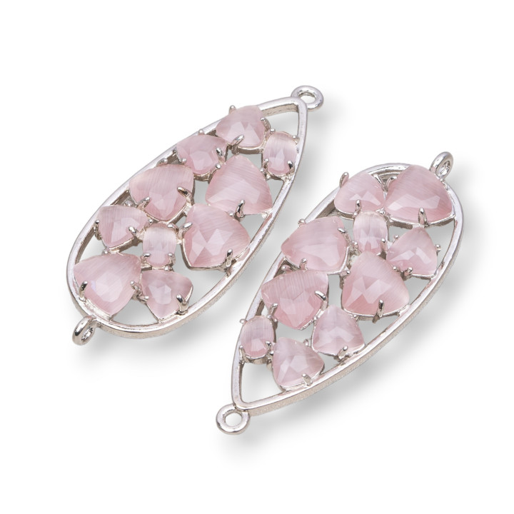 Connettore Componente Di Ottone a Goccia Con Occhio Di Gatto Incastonato 16x38mm 4pz Rodiato Cipria