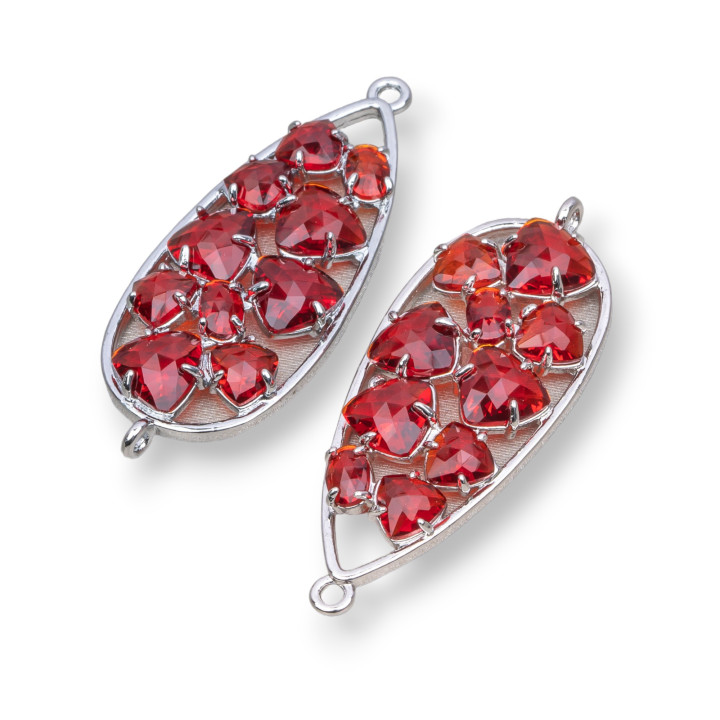 Connettore Componente Di Ottone a Goccia Con Occhio Di Gatto Incastonato 16x38mm 4pz Rodiato Rosso Rubino