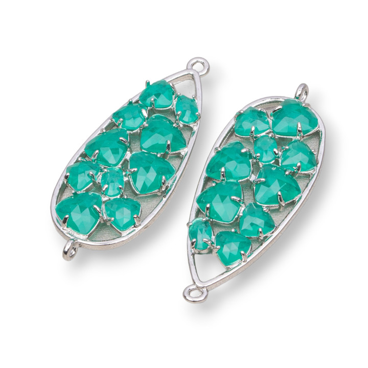 Teardrop Brass Component Connector with Cat's Eye Embedded 16x38mm 4pcs Rhodium Plated Emerald Green