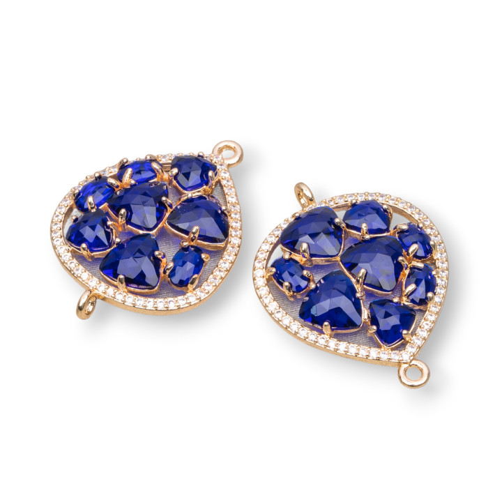 Conector de componente de latón en forma de lágrima con ojo de gato integrado y circonitas 25x34 mm 4 piezas Azul dorado transpa