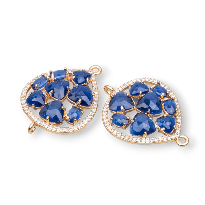 Connecteur de composant en laiton en forme de larme avec œil de chat et zircons intégrés 25x34mm 4pcs bleu saphir doré