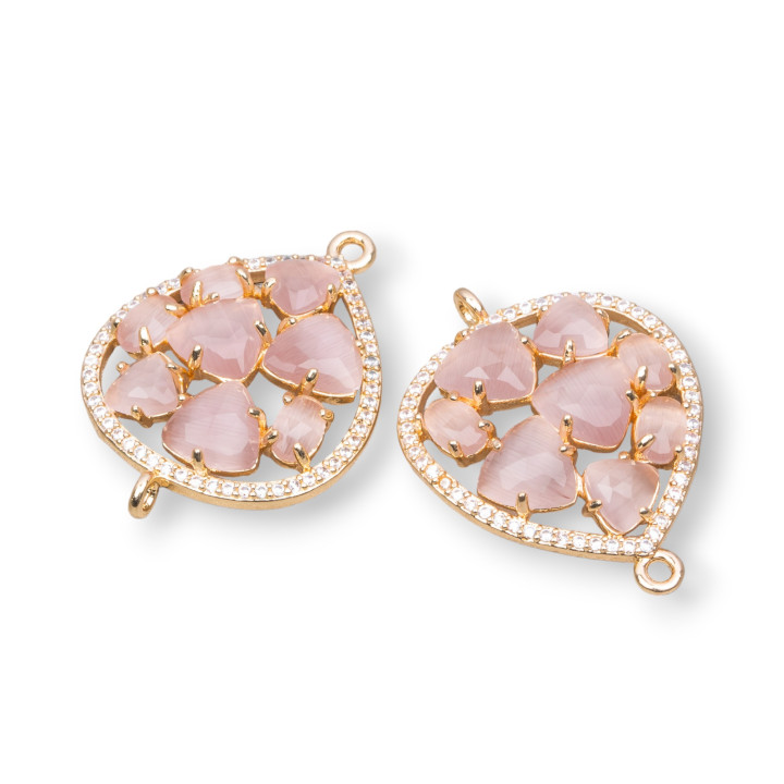 Teardrop Brass Component Connector With Set Cat's Eye And Zircons 25x34mm 4pcs Golden Powder