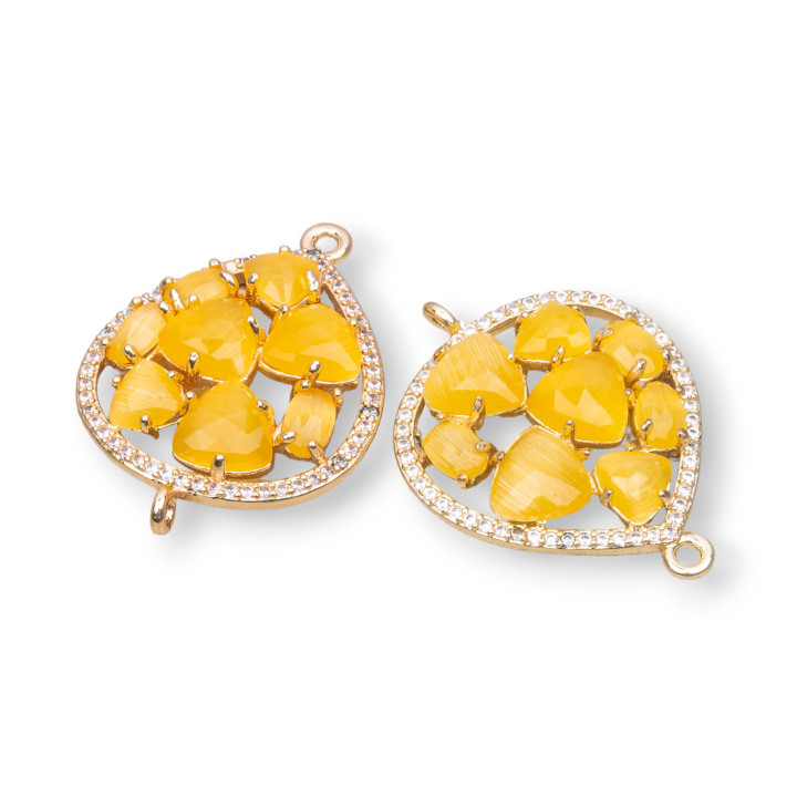 Connettore Componente Di Ottone a Goccia Con Occhio Di Gatto Incastonato E Zirconi 25x34mm 4pz Dorato Giallo