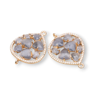 Connecteur en forme de larme en laiton avec oeil de chat et zircons intégrés 25x34mm 4pcs gris doré