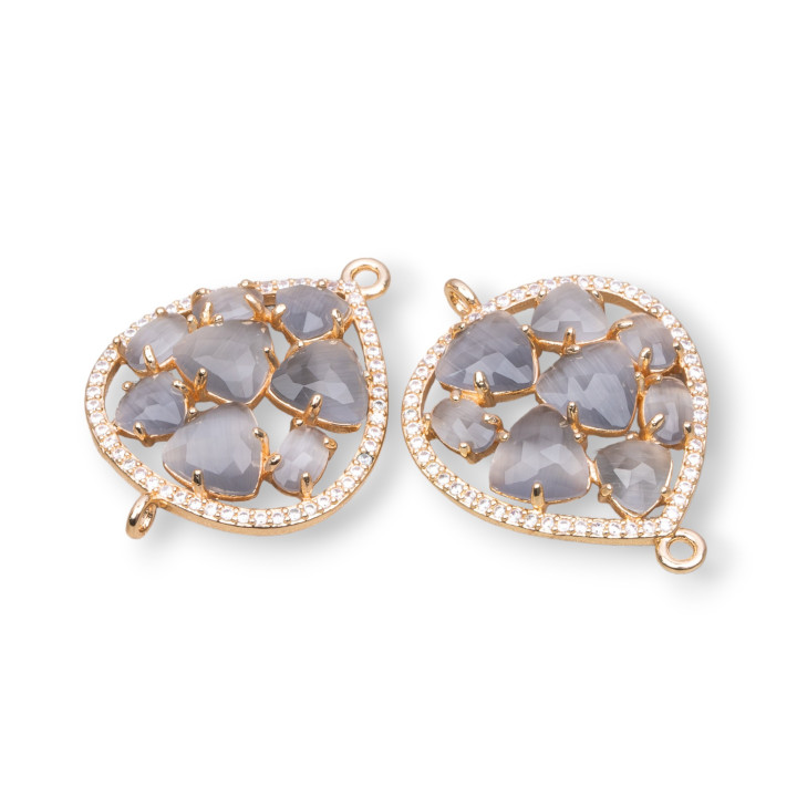 Connecteur en forme de larme en laiton avec oeil de chat et zircons intégrés 25x34mm 4pcs gris doré