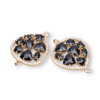 Teardrop Brass Component Connector with Set Cat's Eye and Zircons 25x34mm 4pcs Golden Black