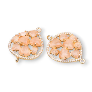 Conector de componente de latón en forma de lágrima con ojo de gato y circonitas incrustadas 25x34 mm 4 piezas Melocotón dorado