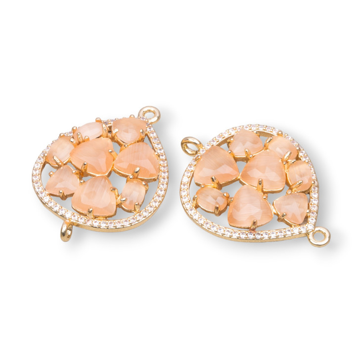 Teardrop Brass Component Connector With Set Cat's Eye And Zircons 25x34mm 4pcs Golden Peach