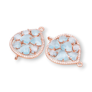 Teardrop Brass Component Connector With Set Cat's Eye And Zircons 25x34mm 4pcs Rose Gold Water