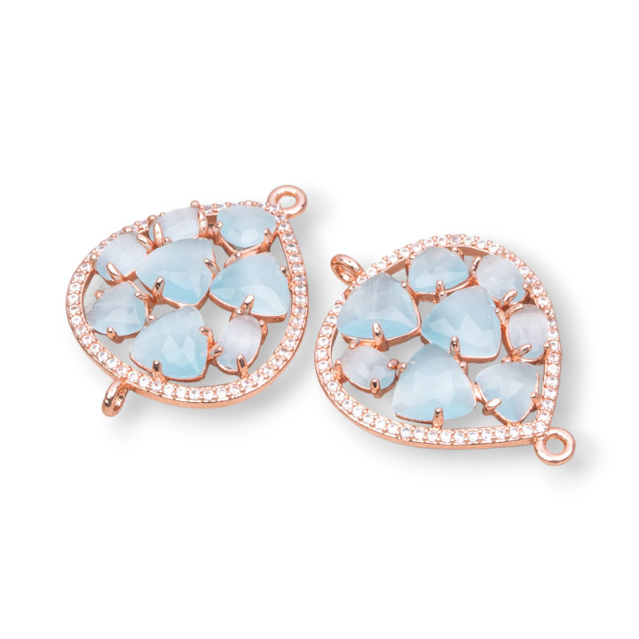 Teardrop Brass Component Connector With Set Cat's Eye And Zircons 25x34mm 4pcs Rose Gold Water