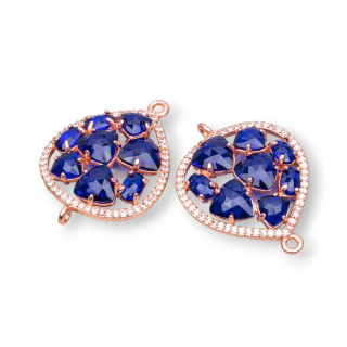 Teardrop Brass Component Connector With Set Cat's Eye And Zircons 25x34mm 4pcs Rose Gold Blue Transparent