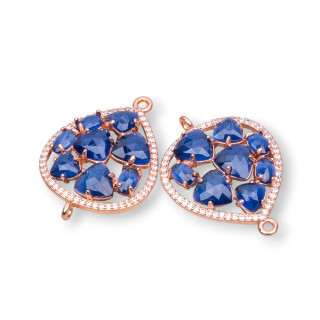 Teardrop Brass Component Connector With Set Cat's Eye And Zircons 25x34mm 4pcs Rose Gold Blue Sapphire