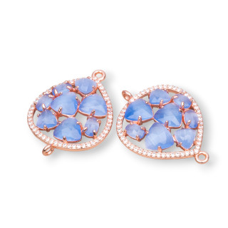 Conector de componente de latón en forma de lágrima con ojo de gato y circonitas incrustadas 25x34 mm 4 piezas Oro rosa Azul cla