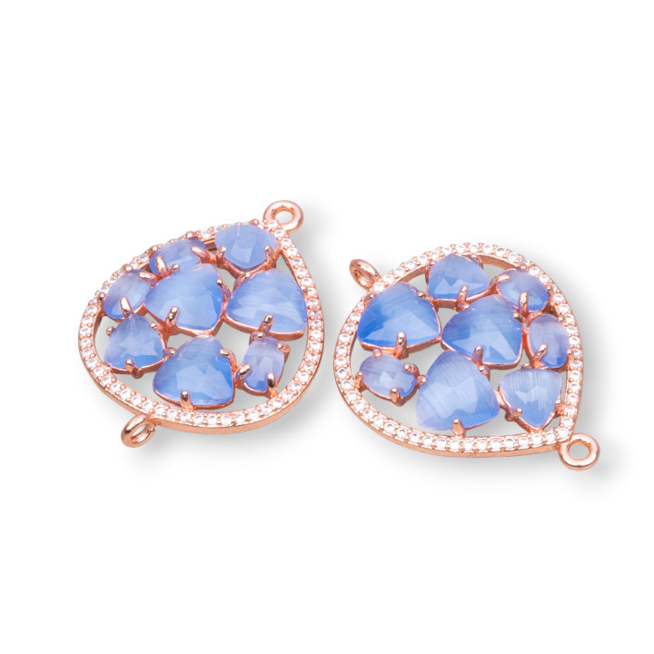 Teardrop Brass Component Connector With Set Cat's Eye And Zircons 25x34mm 4pcs Rose Gold Celestial