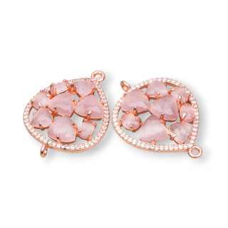 Teardrop Brass Component Connector With Set Cat's Eye And Zircons 25x34mm 4pcs Powder Rose Gold