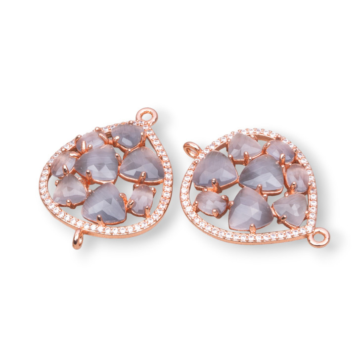 Connecteur en forme de larme en laiton avec œil de chat et zircons intégrés 25x34mm 4pcs Or Rose Gris
