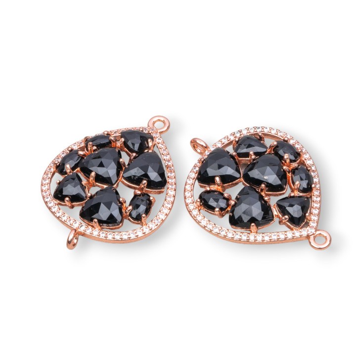 Connecteur de composant en laiton en forme de larme avec œil de chat et zircons intégrés 25x34mm 4pcs Or rose noir