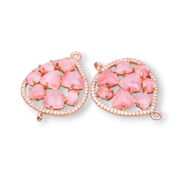 Connecteur de composant en laiton en forme de larme avec œil de chat et zircons intégrés 25x34mm 4pcs or rose profond