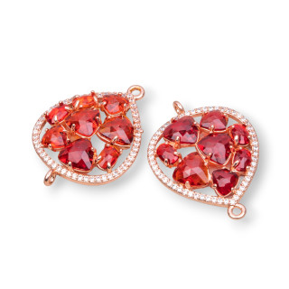 Teardrop Brass Component Connector With Set Cat's Eye And Zircons 25x34mm 4pcs Rose Gold Red