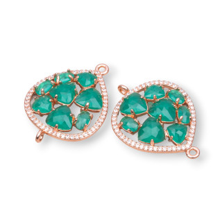 Teardrop Brass Component Connector With Set Cat's Eye And Zircons 25x34mm 4pcs Rose Gold Green