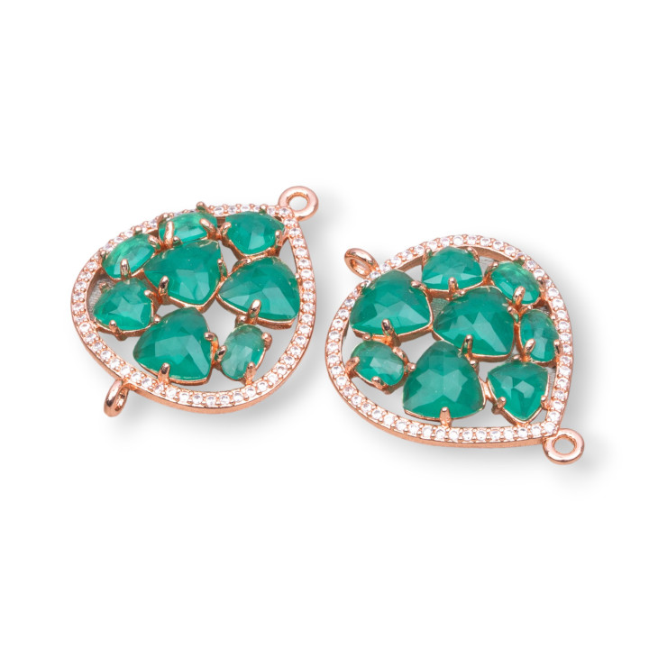 Connecteur de composant en laiton en forme de larme avec œil de chat et zircons intégrés 25x34mm 4pcs or rose vert