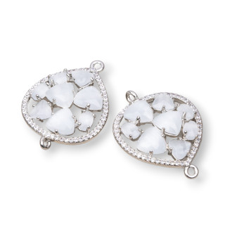 Teardrop Brass Component Connector with Cat's Eye Set and Zircons 25x34mm 4pcs White Rhodium Plated