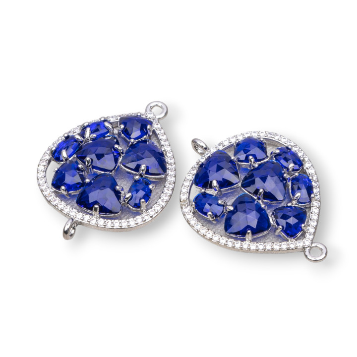 Connettore Componente Di Ottone a Goccia Con Occhio Di Gatto Incastonato E Zirconi 25x34mm 4pz Rodiato Blu Trasparente