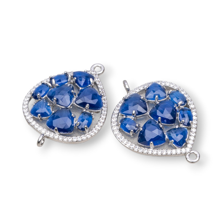 Teardrop Brass Component Connector with Cat's Eye Set and Zircons 25x34mm 4pcs Rhodium-plated Sapphire Blue