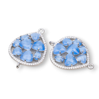 Connecteur de composant en laiton en forme de larme avec œil de chat et zircons intégrés 25x34mm 4pcs plaqué rhodium bleu