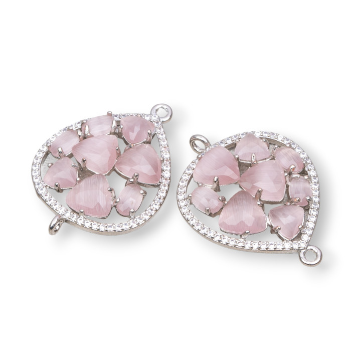 Σύνδεσμος εξαρτημάτων από ορείχαλκο δάκρυ με σετ Cat's Eye And Zircons 25x34mm 4 τμχ Ρόδιο σκόνη