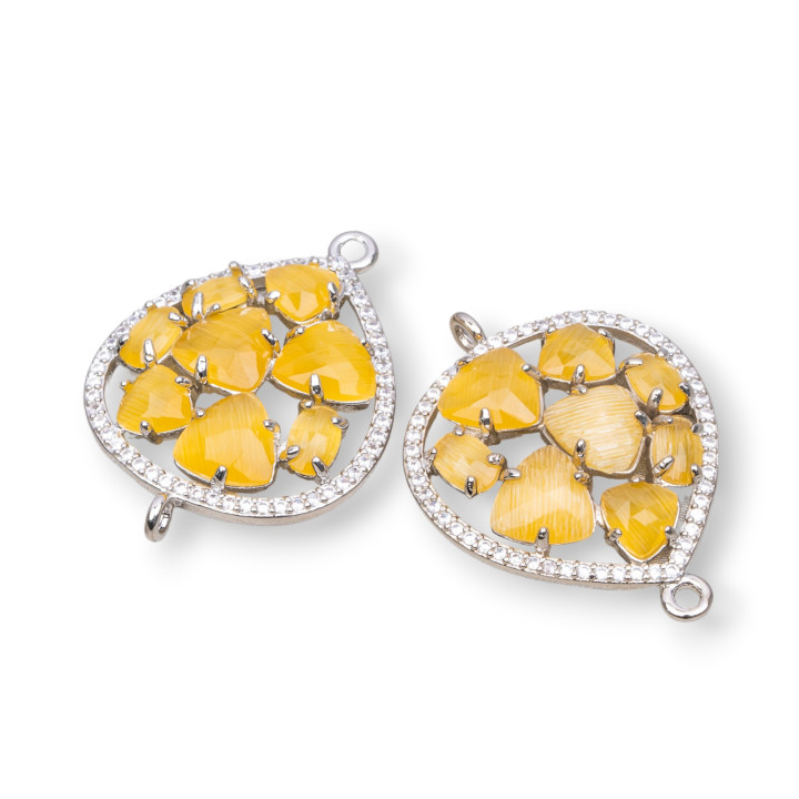 Connecteur en forme de larme en laiton avec oeil de chat et zircons intégrés 25x34mm 4pcs jaune rhodium